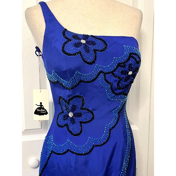 Vtg MIKE BENET FORMALS Sz 8 100% Silk Long Gown Dress Blue Floral Beaded Prom - Picture 7 of 14